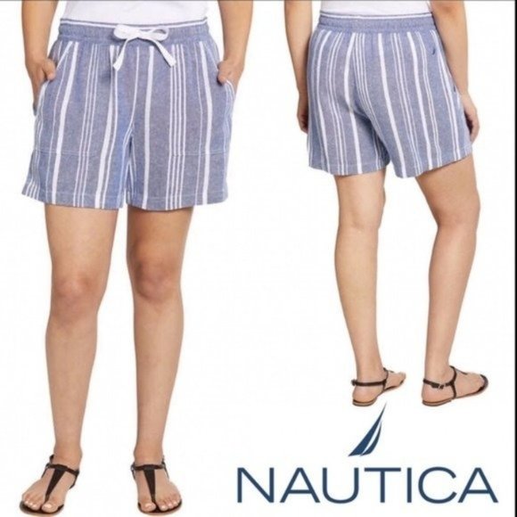NAUTICA Ladies Linen Blend Pull On Shorts in Light Blue Stripe - NWT - Picture 1 of 4
